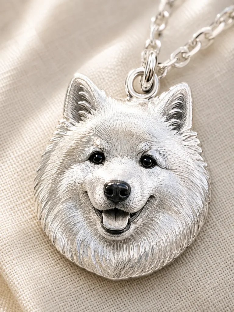 Close-up of a high precision engraved 925 sterling silver pet pendant.