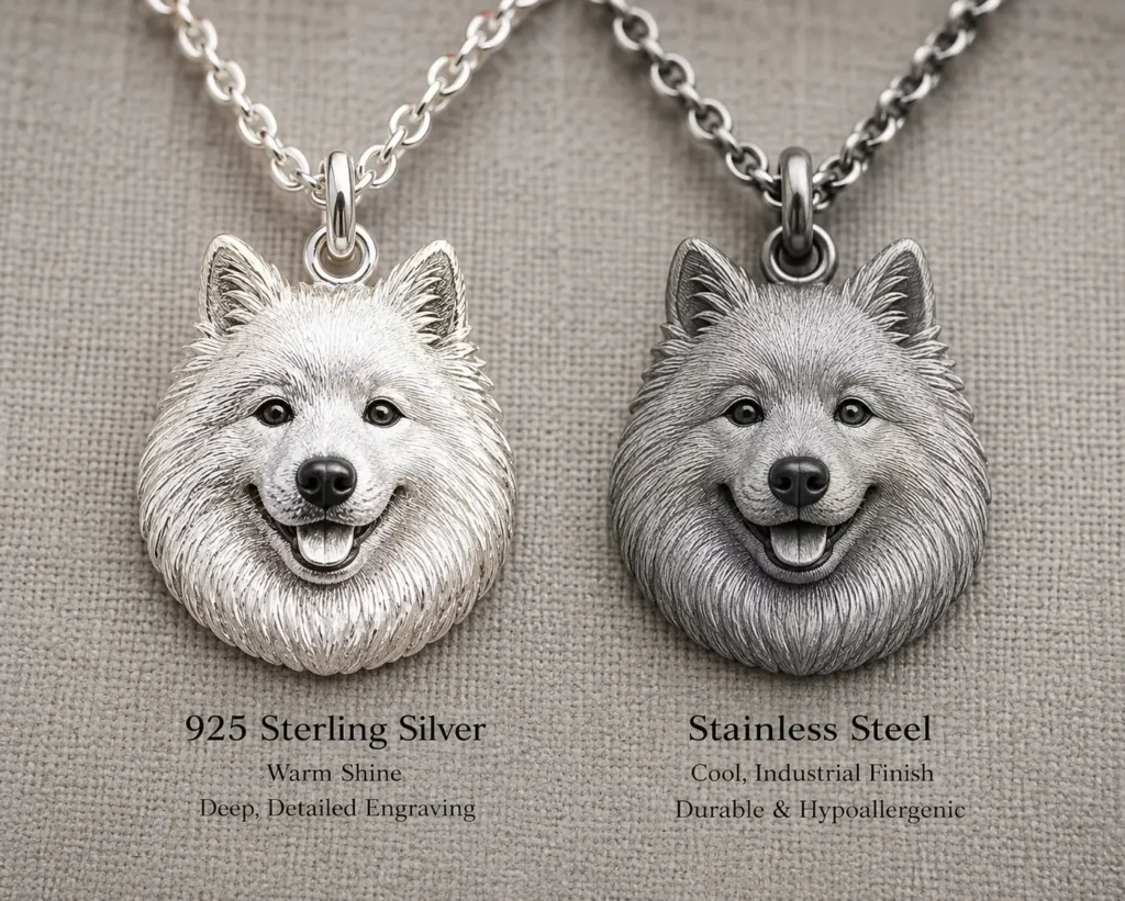 925 Sterling Silver vs. Stainless Steel: Which is Best for Pet Keepsake Jewelry? Side-by-side comparison of 925 sterling silver and stainless steel custom pet pendants.