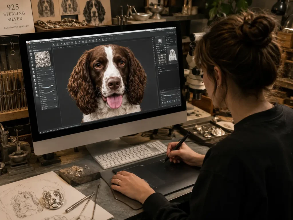 Artisan editing a digital pet photo for custom pet photo laser engraving on a screen.