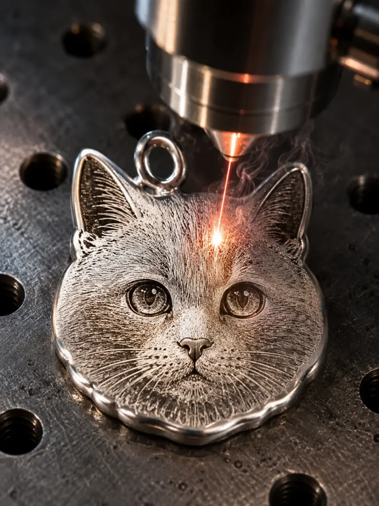 Behind the Craft: How We Turn Your Pet’s Photo into a 925 Silver Engraving Precision fiber laser engraving a pet portrait onto a 925 sterling silver pendant.