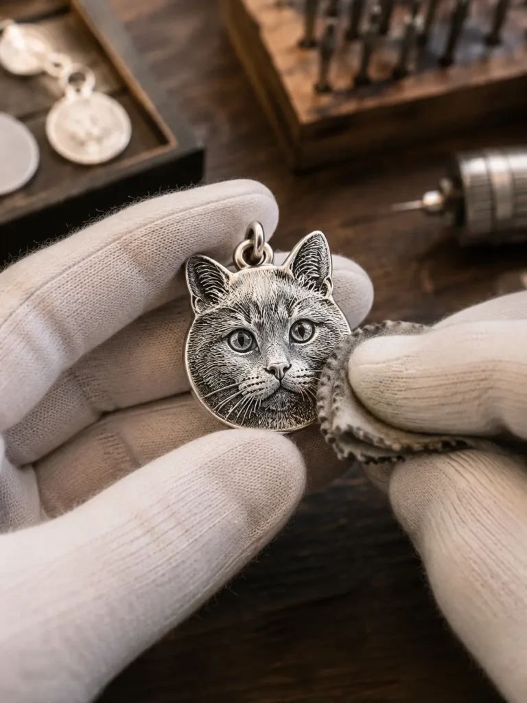 Behind the Craft: How We Turn Your Pet’s Photo into a 925 Silver Engraving Jeweler hand polishing a finished custom sterling silver pet memorial pendant.
