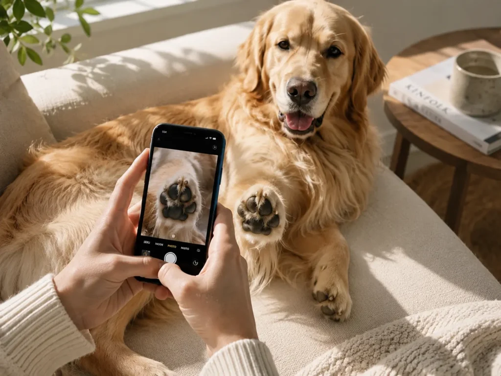 How to Capture Your Pet’s Paw Print at Home (Without Any Mess) Pet parent using a smartphone to take a close up photo of a dog paw pad near window light.