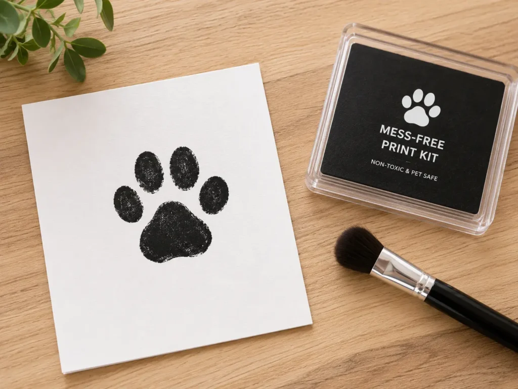A clean black paw print created on white paper using a mess free inkless pad.