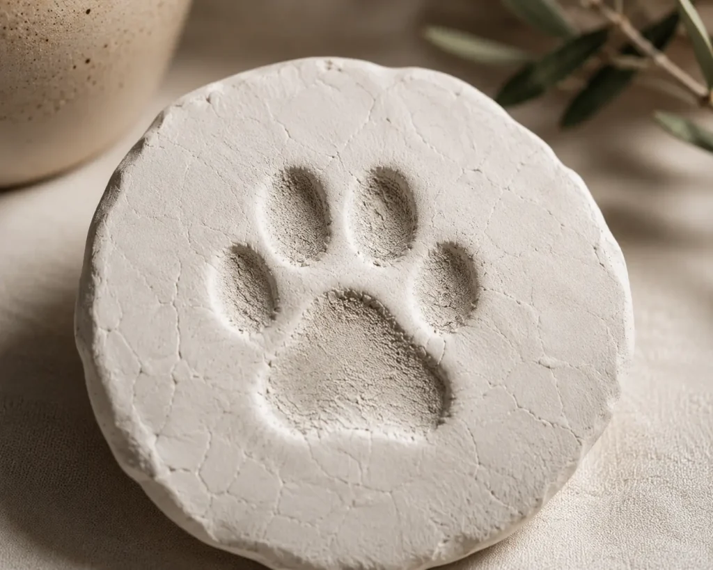 A cat paw print impression pressed into soft white air dry clay.