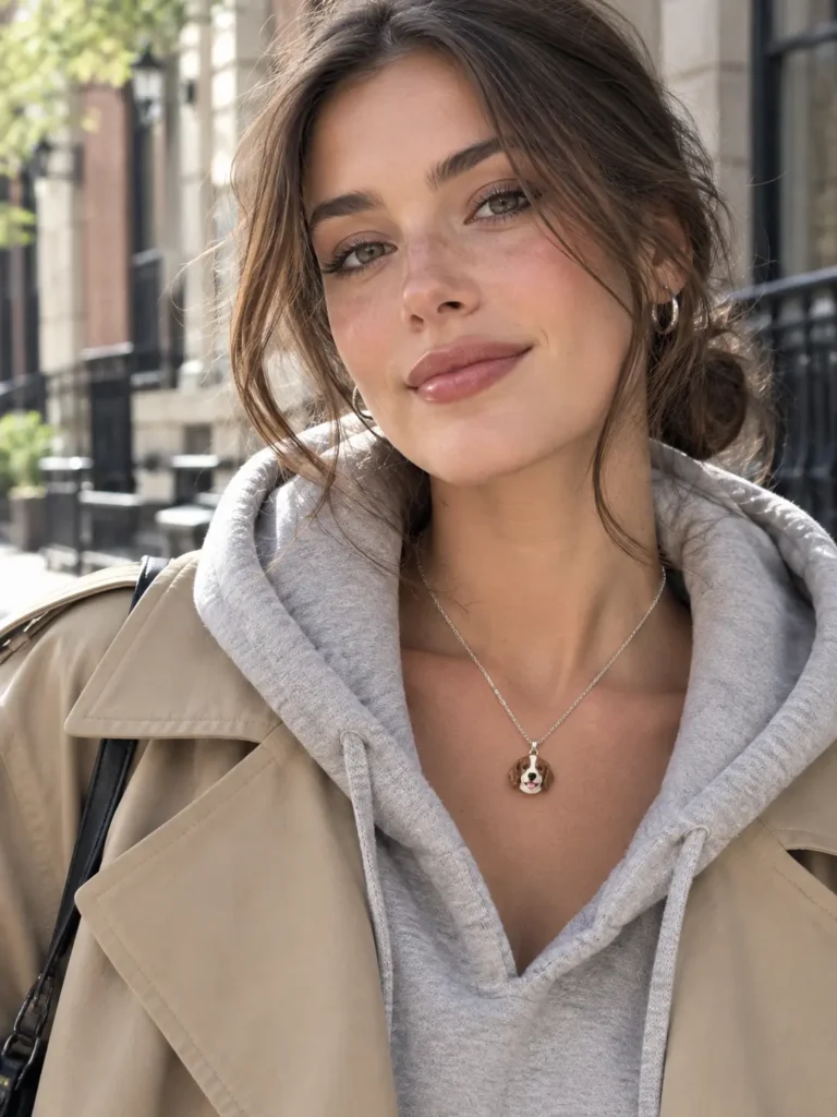 How to Style Personalised Pet Jewelry into Your Everyday Wardrobe Casual chic street style with a woman in a grey hoodie and silver jewelry.