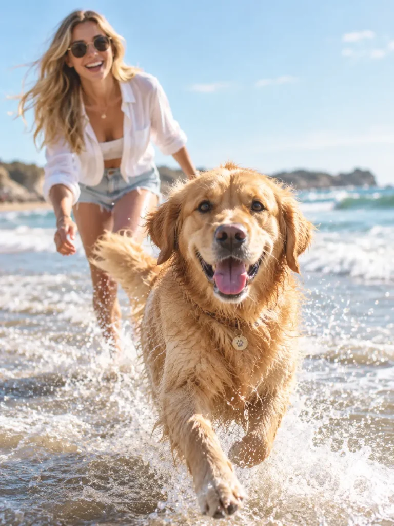 10 Meaningful Things to Include on Your Dog’s Bucket List Happy golden retriever running joyfully on a sunny beach with its owner.
