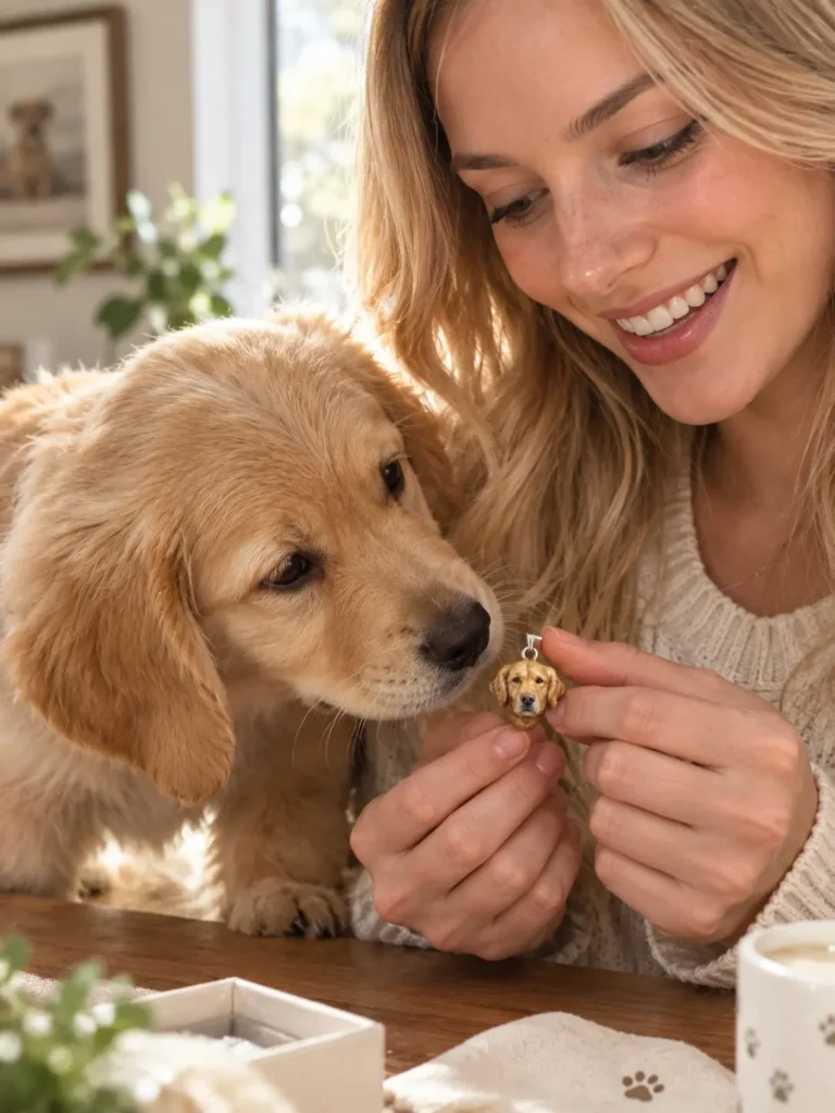 Dog owner holding a clean paw print impression card with a happy puppy looking on.