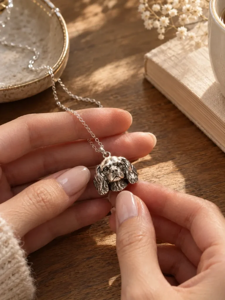 Close up of hands gently tracing a polished custom silver pet portrait necklace on a wooden table.